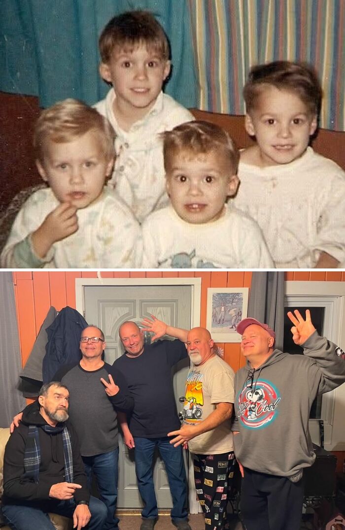 wholesome photos: four boys in vintage pajamas and the same men decades later posing together in a cozy reunion