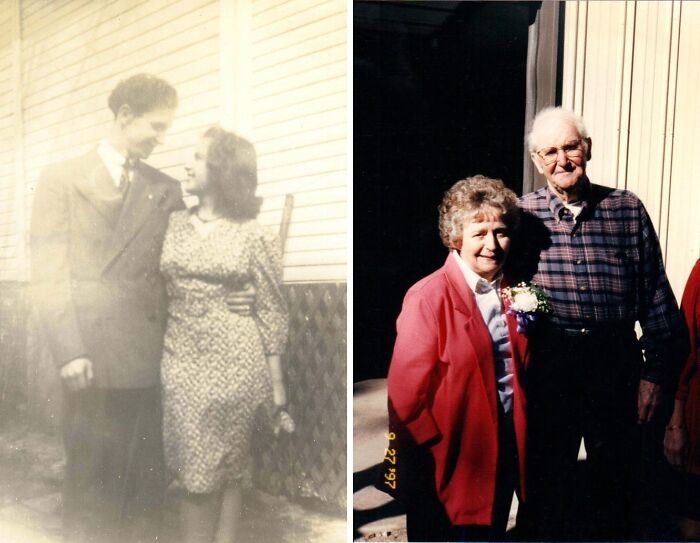 Wholesome photos then-and-now diptych of a couple in youth and as elders, smiling outdoors