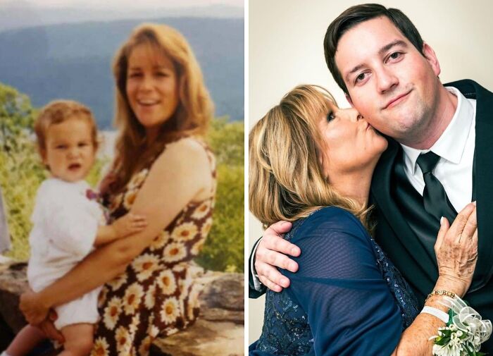 Wholesome photos of mother then holding toddler outdoors and now kissing grown son in suit at a celebration