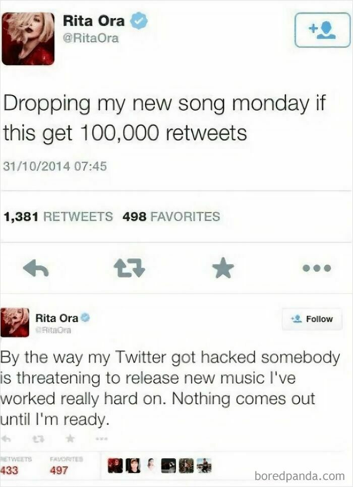 Tweet screenshot of a pop culture moment where Rita Ora addresses a hacked account amid music release threats, causing cringe.