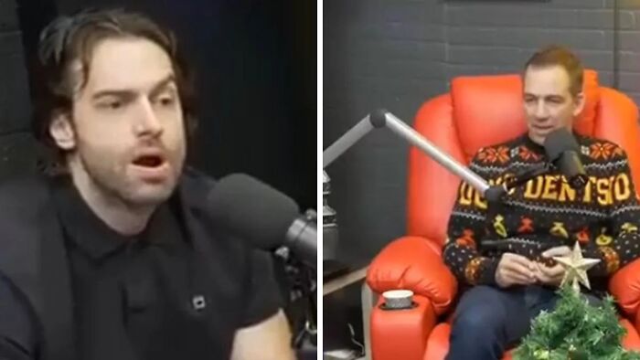 Two men in a podcast studio, one speaking into a microphone, capturing a pop culture moment that made people cringe hard.