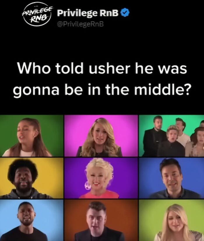 Tweet from Privilege RnB asking who told Usher he would be in the middle, featuring popular singers in colorful backgrounds, pop culture cringe.