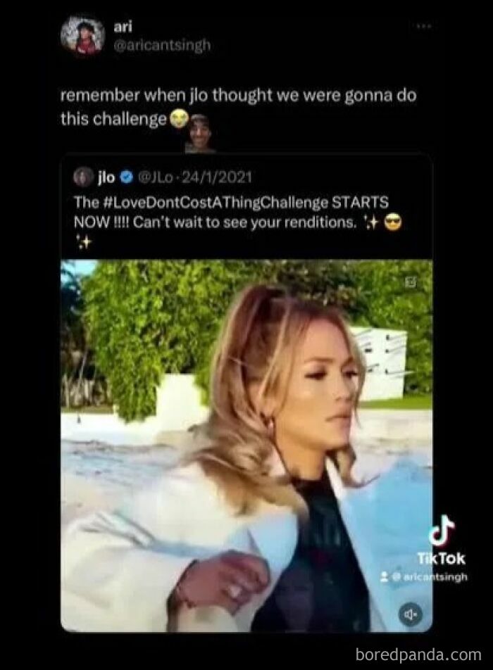 Screenshot of a viral TikTok showing a pop culture moment that made people cringe with Jennifer Lopez.