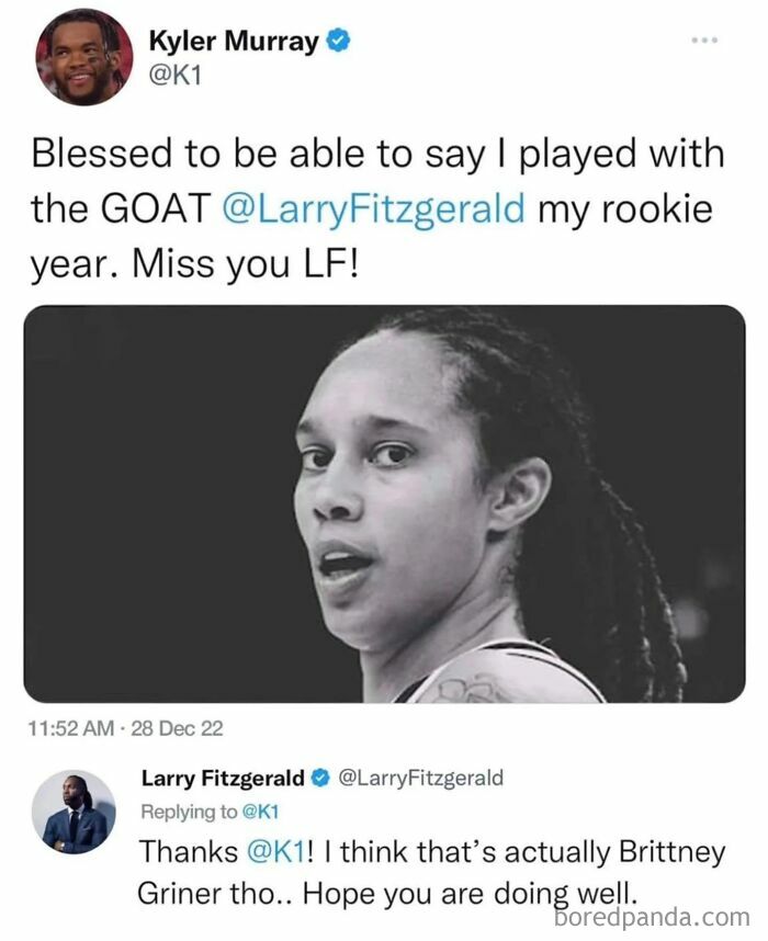 Tweet exchange showing a mix-up in pop culture moments that made people cringe hard involving athletes and mistaken identity.