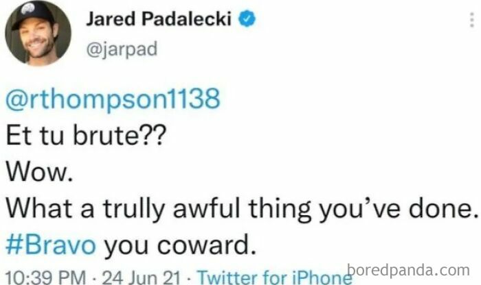 Screenshot of a tweet by Jared Padalecki illustrating a pop culture moment that made people cringe hard.