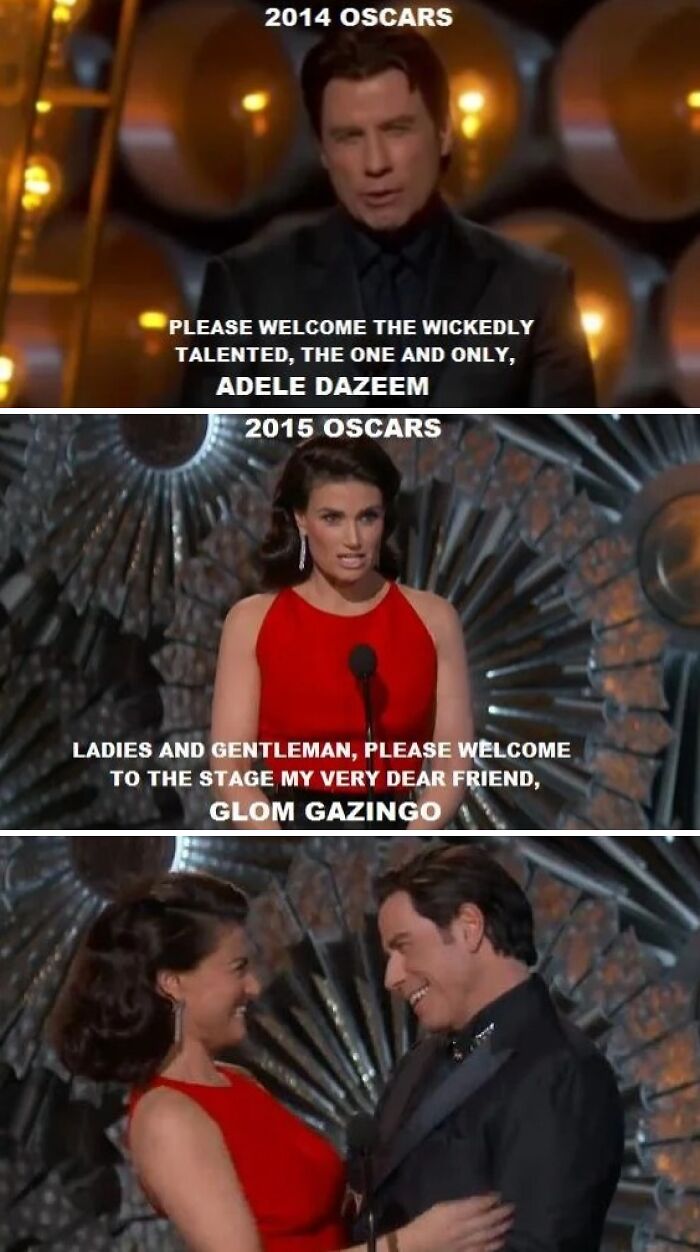 Actor John Travolta mispronouncing Adele's name at Oscars, a memorable pop culture moment that made people cringe hard.