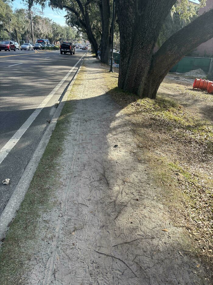Desire path worn on grass beside sidewalk and road, showing how people walk differently from city planning pathways.
