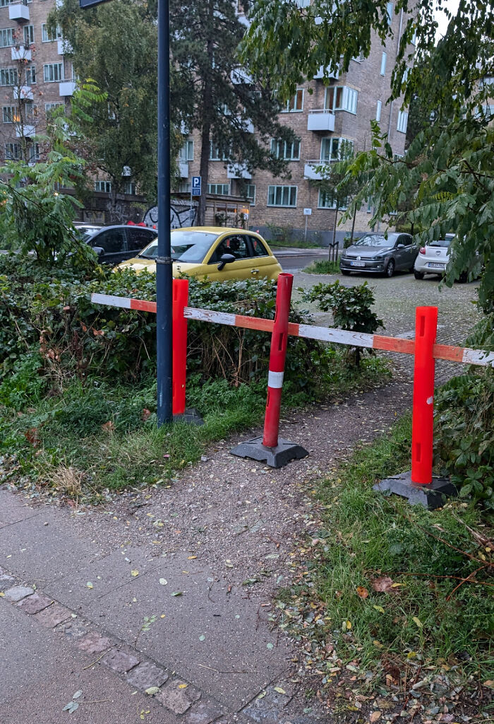 A desire path formed by pedestrians cutting through a blocked sidewalk near parked cars and residential buildings.