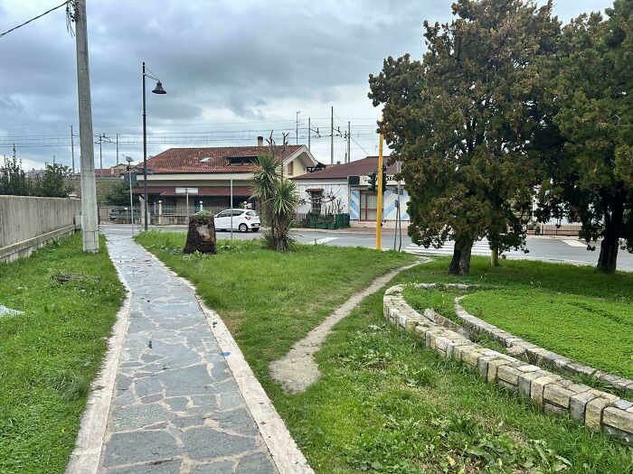 A paved city walkway next to a worn dirt desire path showing how people walk in reality.