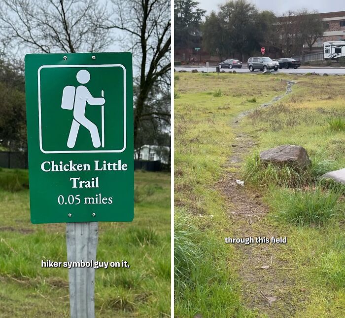 Green trail sign for Chicken Little Trail next to a worn desire path cutting through a grassy field in an urban area.