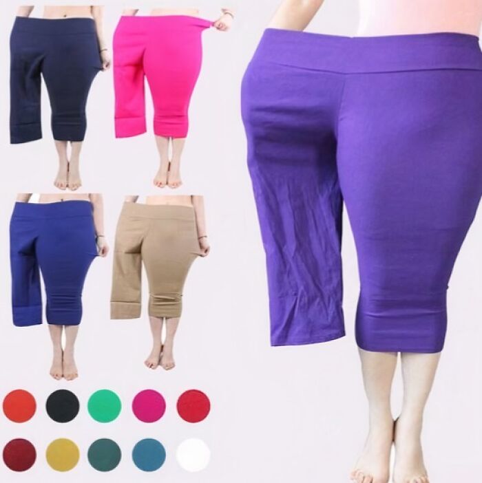 Various colored leggings shown as hilarious fashion fails for resizing issues and poor fit on models.