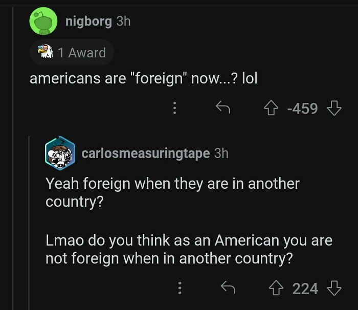 Screenshot of American internet comments discussing the concept of Americans being foreign, highlighting ridiculous online exchanges.