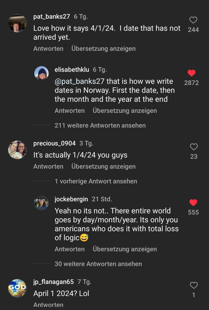 Screenshot of American internet comments debating date formats with humorous roasts and logical arguments in online discussion thread.
