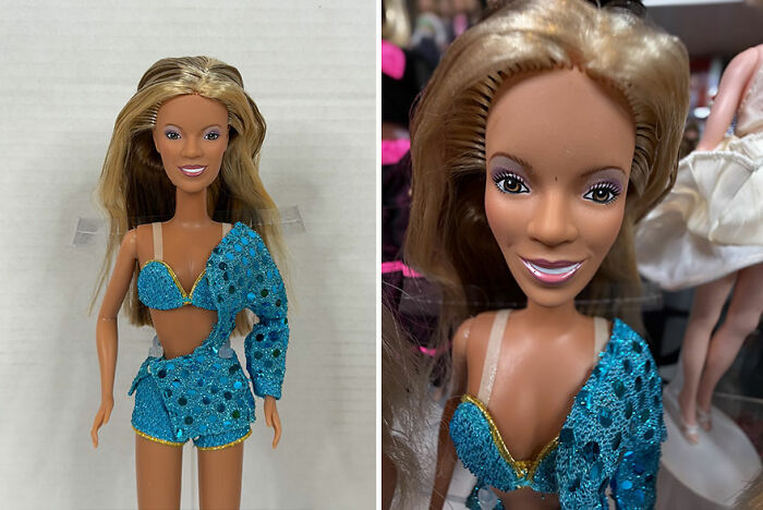 Doll with exaggerated facial features and mismatched outfit, one in a blue sequin costume, showcasing offensively ugly celebrity dolls.