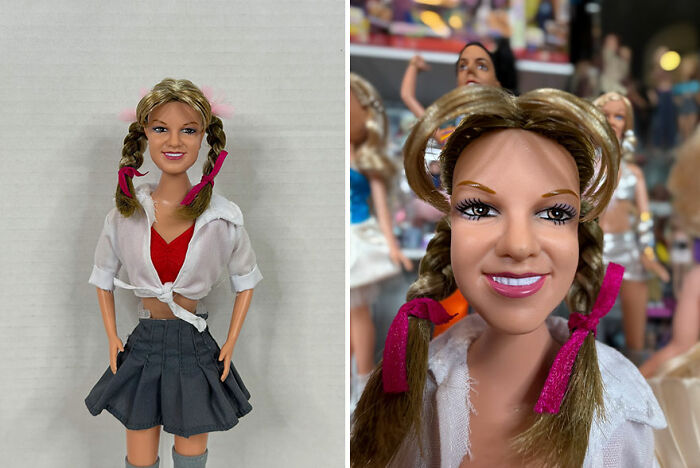 Two offensively ugly celebrity dolls with exaggerated facial features and braided hair in a crowded display setting.