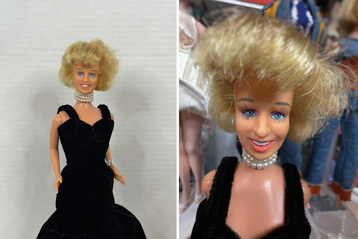 Offensively ugly celebrity doll with messy blonde hair, blue eyes, and a black dress with pearl necklace in close-up and full view.