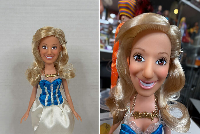 Two offensively ugly celebrity dolls with exaggerated facial features and blonde hair in blue and white dresses displayed side by side.