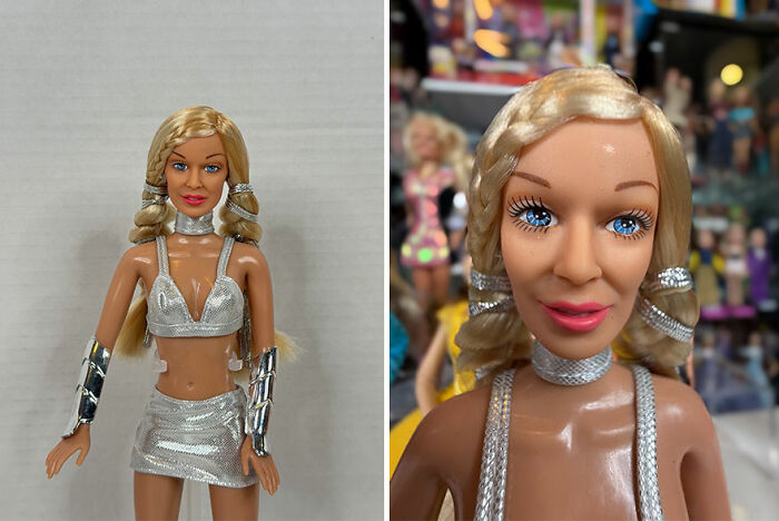 Offensively ugly celebrity doll with platinum blonde hair and silver outfit shown in close-up and full view.