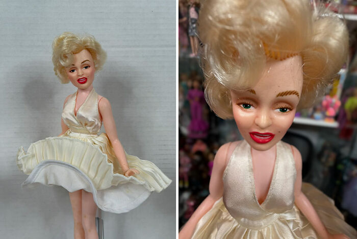 Offensively ugly celebrity doll with exaggerated features wearing a white dress, showcased in two close-up and full-body shots.