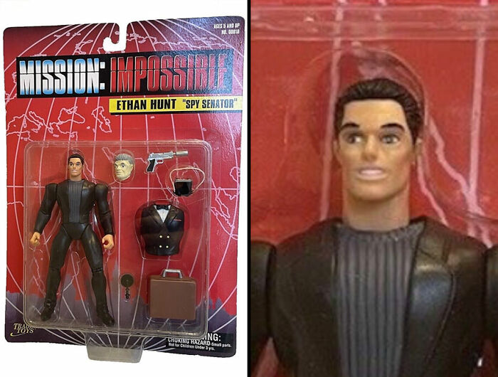 Offensively ugly celebrity doll of Ethan Hunt from Mission Impossible with accessories in original packaging.
