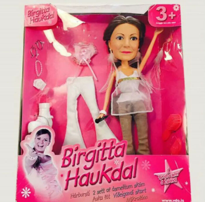 Doll of Birgitta Haukdal in original packaging, featured among offensively ugly celebrity dolls shared online.