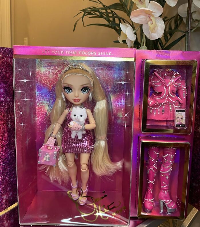 Celebrity doll with long blonde hair in pink sparkling dress holding a white dog, showcased with pink bejeweled outfit and boots.