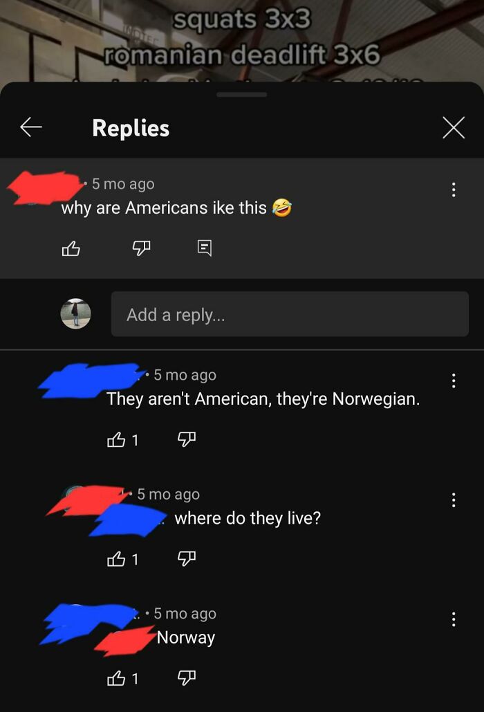 Screenshot of ridiculous American internet comments with humorous replies about nationality and location.