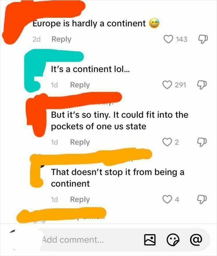 Screenshot of ridiculous American internet comments debating whether Europe is a continent, illustrating internet comments roasted.