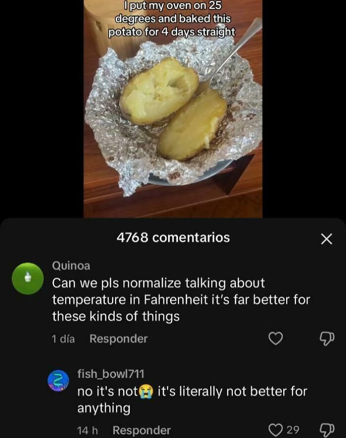Baked potato wrapped in foil with internet comments roasting cooking temperature in an American internet thread.