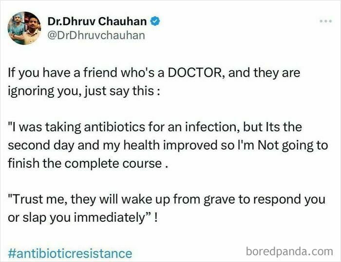 Tweet humor about doctors ignoring friends and antibiotic resistance in memes reflecting healthcare expenses and humor as medicine.
