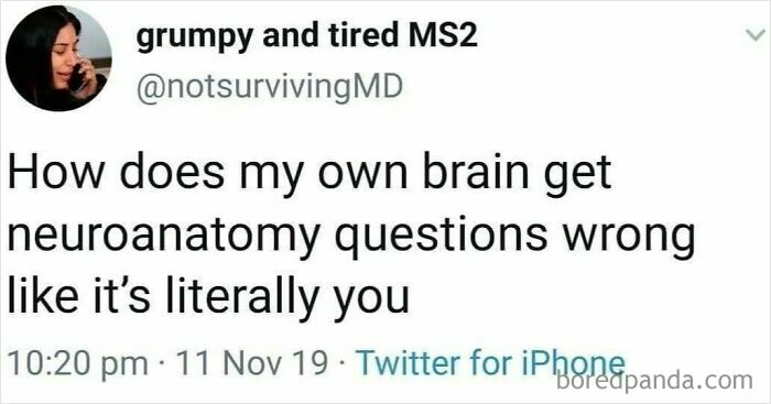 Tweet from grumpy and tired MS2 humorously questioning how their own brain gets neuroanatomy questions wrong, highlighting medical student humor.