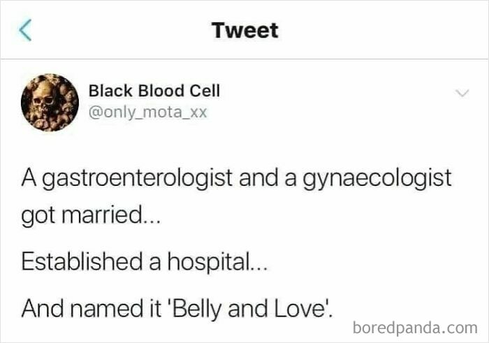 Tweet humor about a gastroenterologist and gynaecologist naming a hospital Belly and Love, healthcare meme.