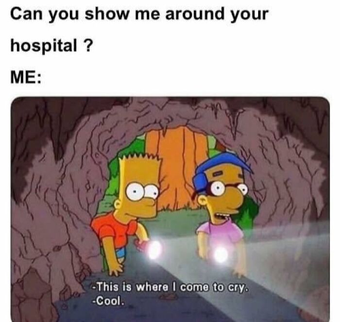 Cartoon characters holding flashlights in a cave with a humorous caption about hospital humor and healthcare costs.