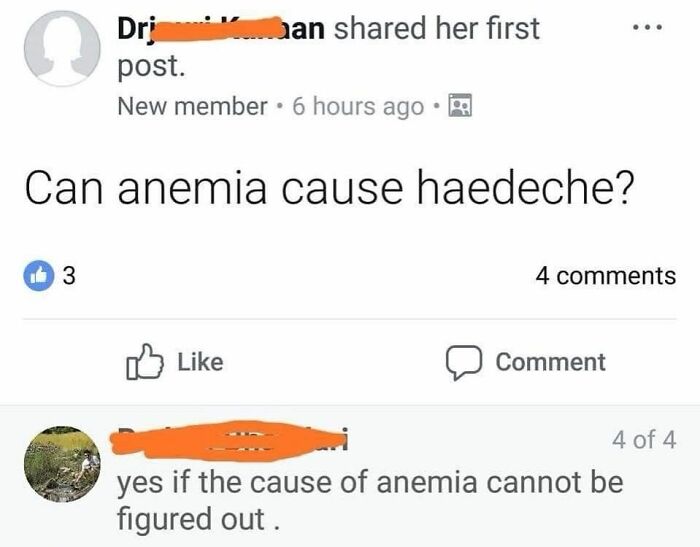 Social media post humor about anemia causing headache, related to memes and healthcare humor about medical issues.