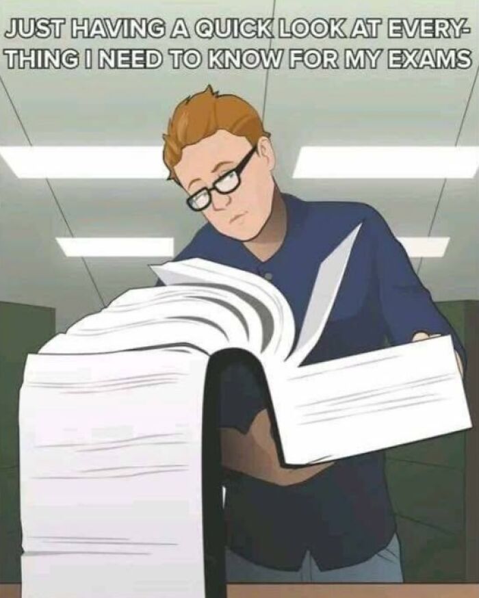 Person wearing glasses reading a huge book, humor meme showing exam preparation and healthcare expense stress.