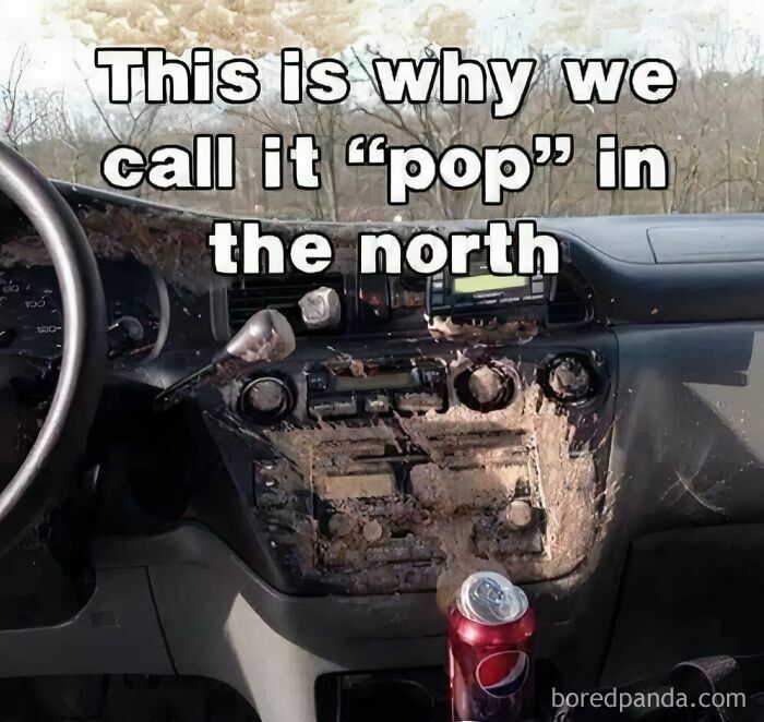 Car interior ruined by exploded soda can, illustrating popular Midwest life meme about calling soda pop in the north.