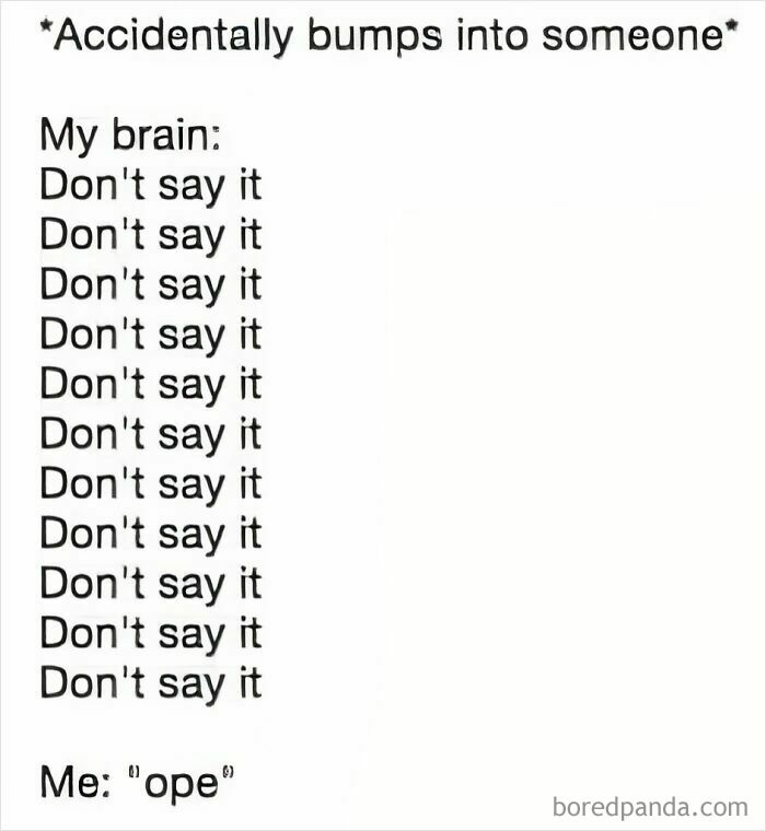 Text meme about Midwest life showing the brain resisting saying "ope" after accidentally bumping into someone.