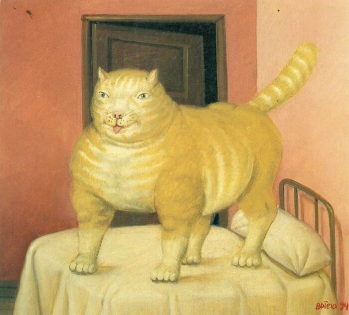 Hilariously bad old painting of an oversized orange tabby cat standing on a bed in a simple room.