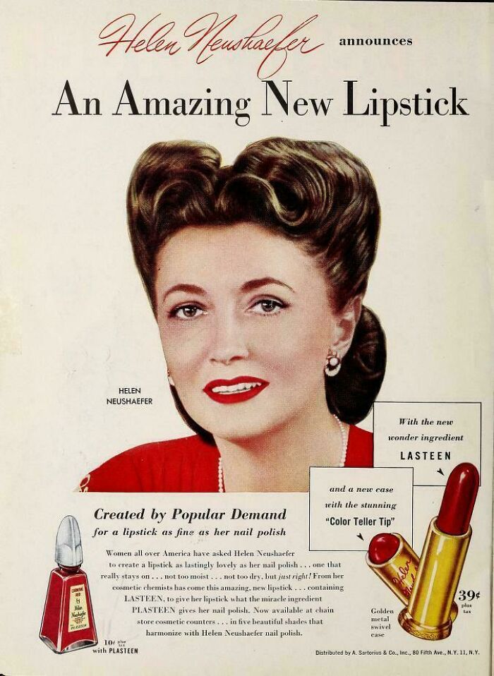 Vintage women’s ads featuring a 1940s lipstick and nail polish promoting beauty products with societal expectations.