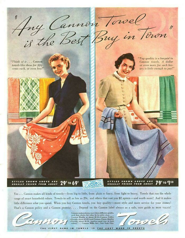 Vintage women’s ads showing two women holding colorful Cannon towels in a retro style promoting quality and value.