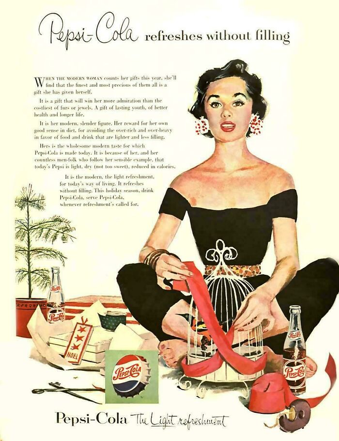 Vintage women’s ads featuring a stylish woman with Pepsi-Cola, reflecting different societal norms and expectations.