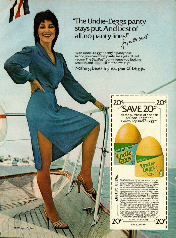 Vintage women’s ads featuring Undie-Leggs pantyhose with no panty lines and a 20 cent savings coupon.