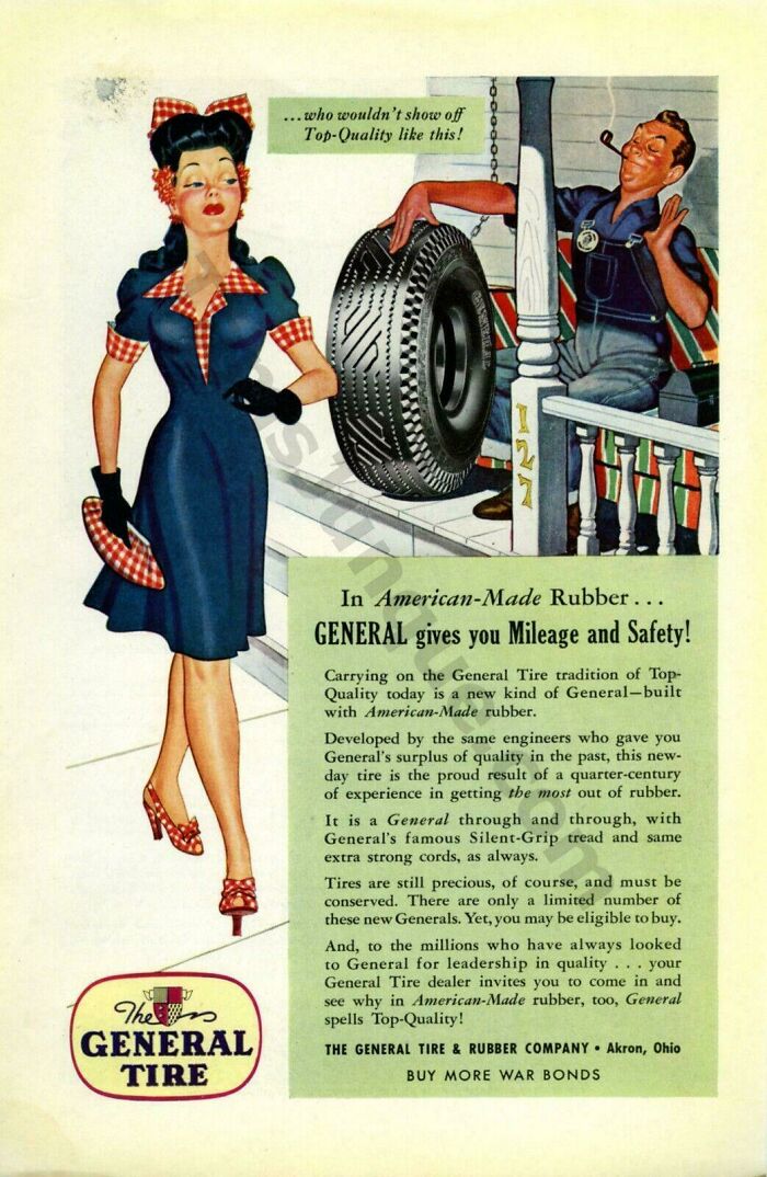 Vintage women’s ad showing a woman in 1940s attire promoting General Tire with a man holding a tire on a porch.