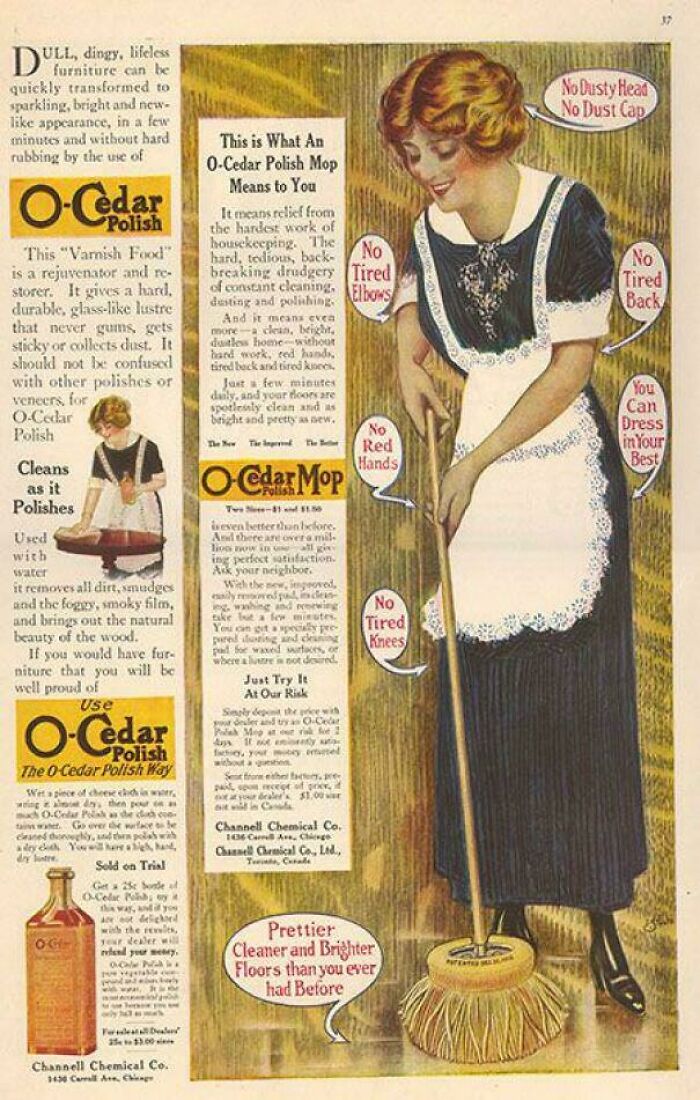 Vintage women's ad showing a maid using an O-Cedar mop, highlighting outdated societal roles and cleaning tasks.