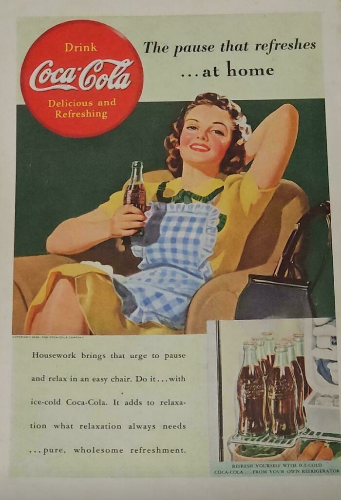 Vintage women’s ad showing a woman relaxing at home with a Coca-Cola promoting vintage women’s ads and societal roles.