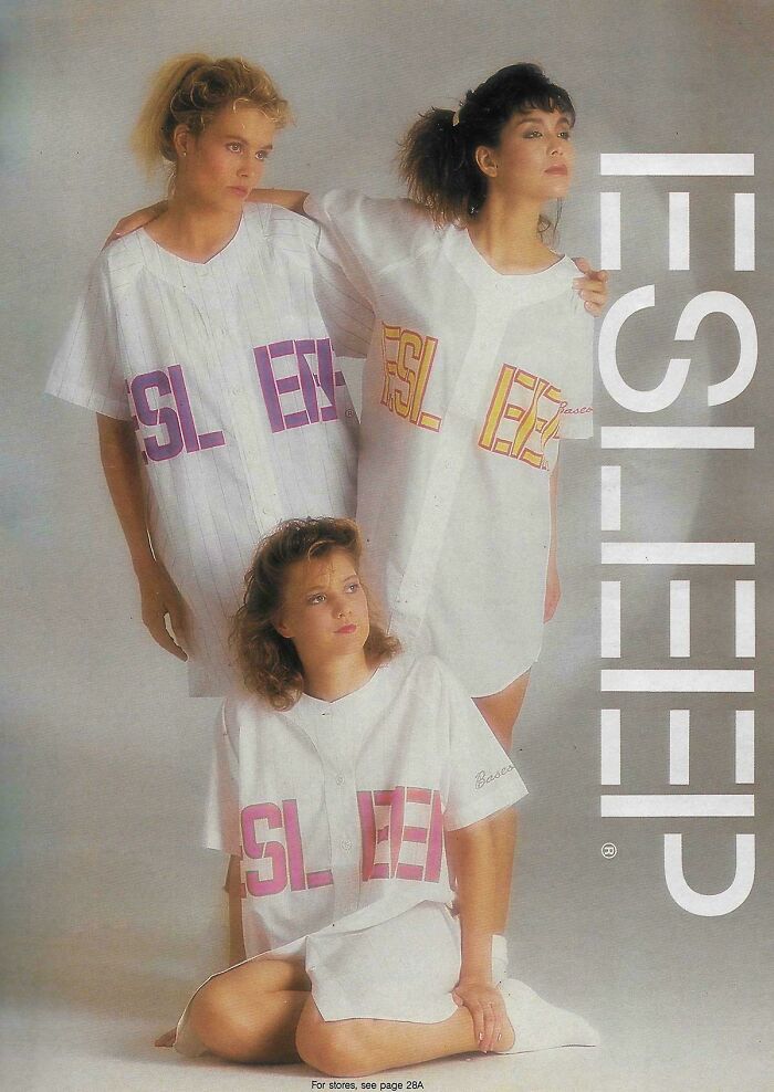 Three women in oversized vintage baseball-style shirts in a 1980s fashion ad showcasing vintage women’s ads style.