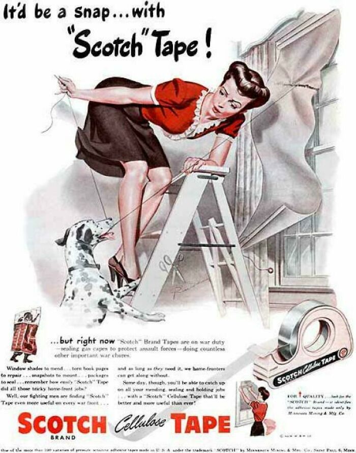 Vintage women’s ad showing a woman fixing window shades with Scotch Tape and a Dalmatian dog nearby.