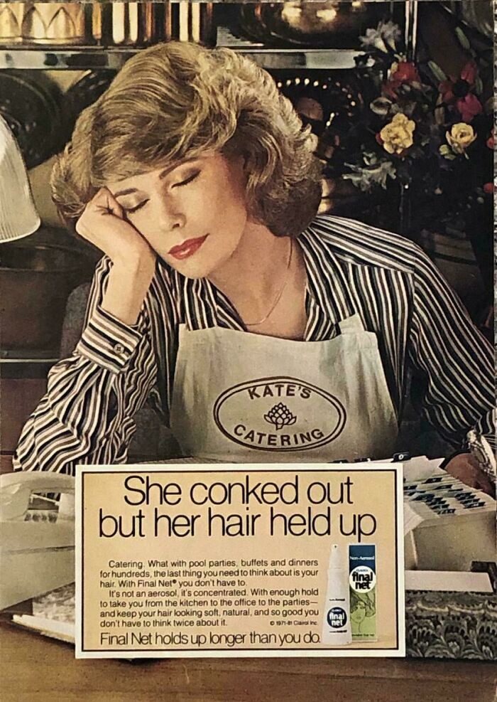 Vintage women’s ad depicting a tired woman in a striped shirt and apron promoting hair product for long-lasting hold.