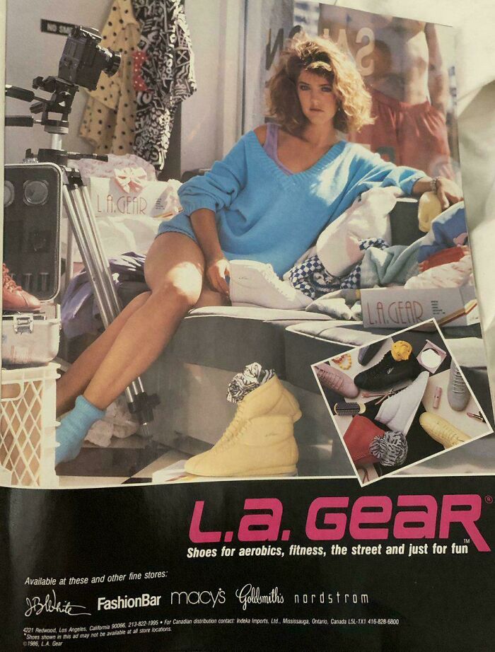 Vintage women's ad featuring a woman in casual athletic wear promoting L.A. Gear shoes for fitness and street style.