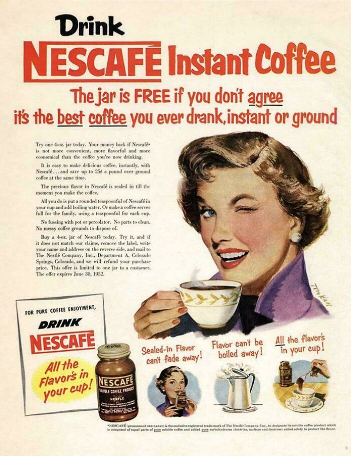 Vintage women’s ad for Nescafe instant coffee featuring a smiling woman winking and holding a coffee cup.
